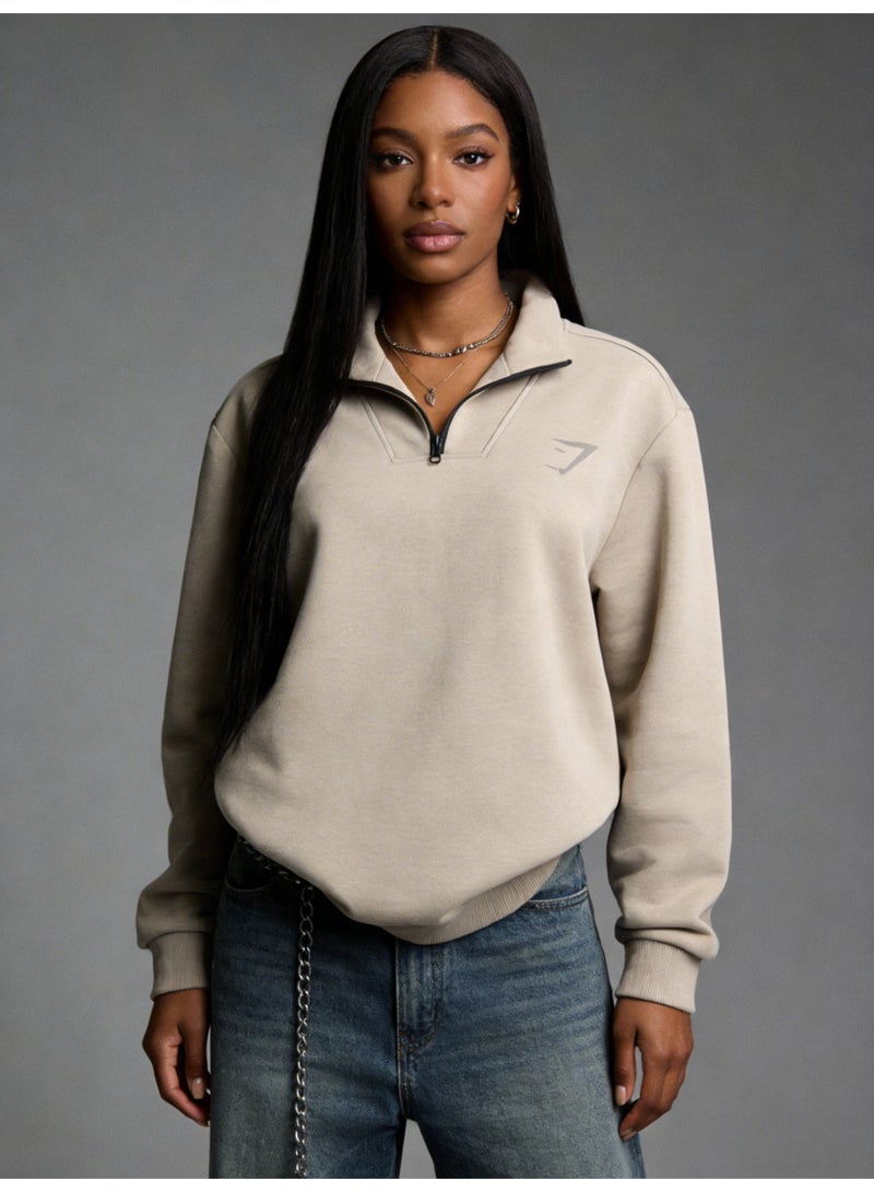 Gymshark beige quarter zip pullover - a large sports shirt with a shiny logo, suitable for neutral sports and casual styles - Image 5